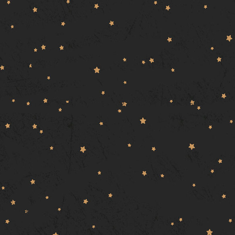 A dark background scattered with small, gold star shapes, creating a celestial pattern.