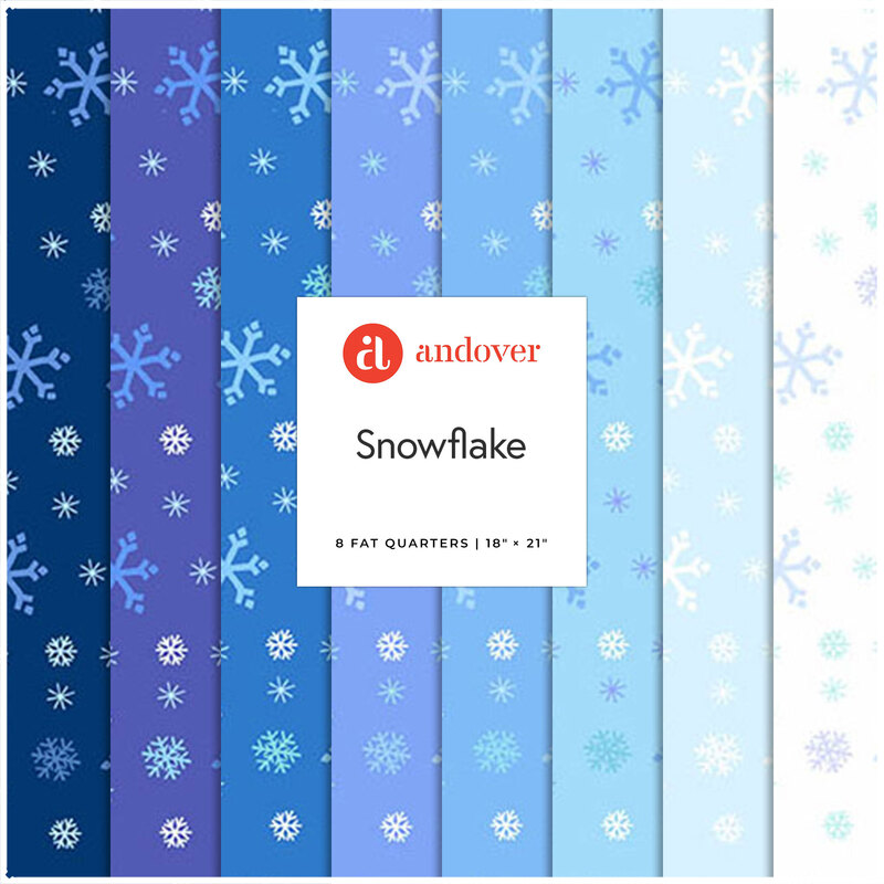 Collage of the 8 blue tone prints in the Snowflake collection.