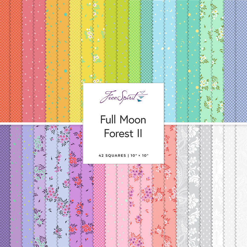 A grid of colorful fabric squares featuring various patterns, labeled Full Moon Forest II.