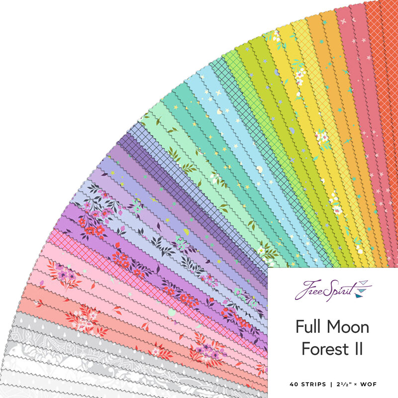 A vibrant collection of 40 fabric strips in various colors and floral patterns titled Full Moon Forest II.