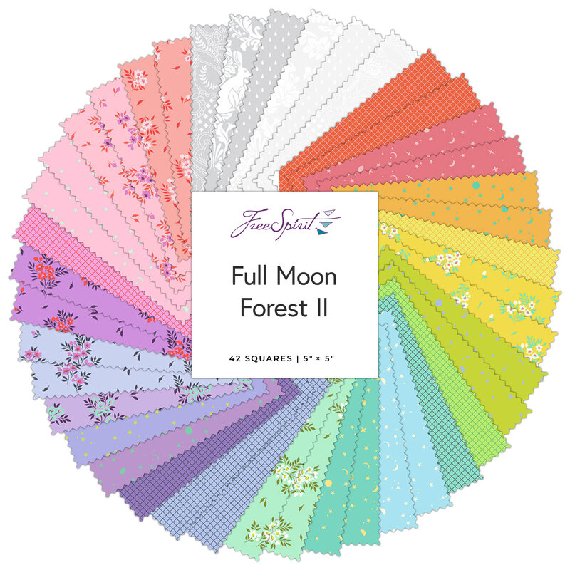 A circular arrangement of 42 fabric squares in varied colors and patterns, labeled Full Moon Forest II.