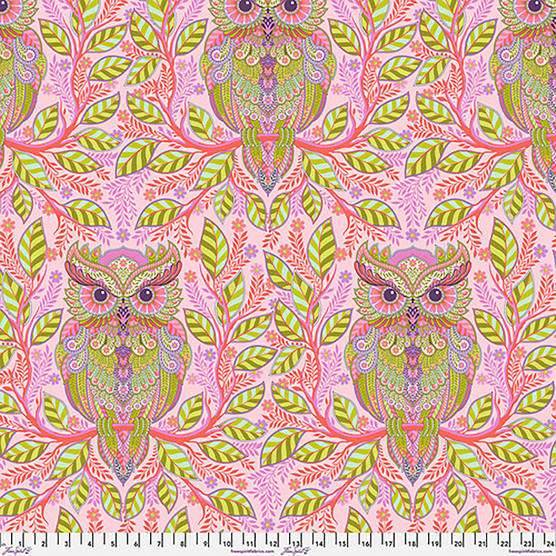 Pattern featuring colorful, decorative owls amidst vibrant leaves on a pink background.