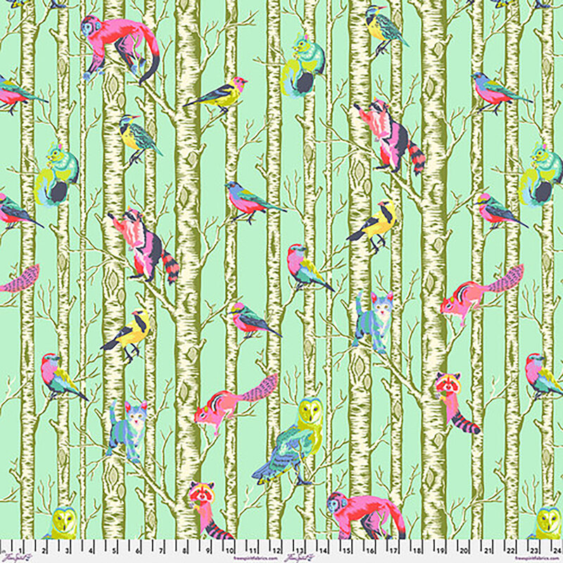 A whimsical pattern featuring colorful birds and playful animals among pale green birch trees.