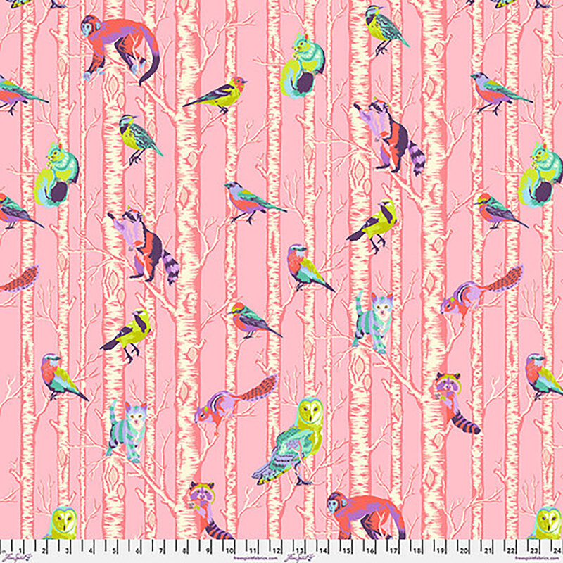 Colorful birds perched on white trees against a pink background, creating a vibrant pattern.