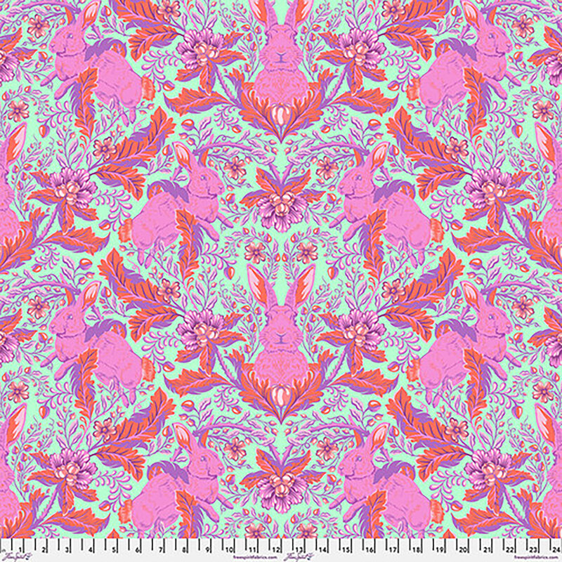 Colorful floral pattern featuring pink rabbits among vibrant plants and flowers on a mint background.