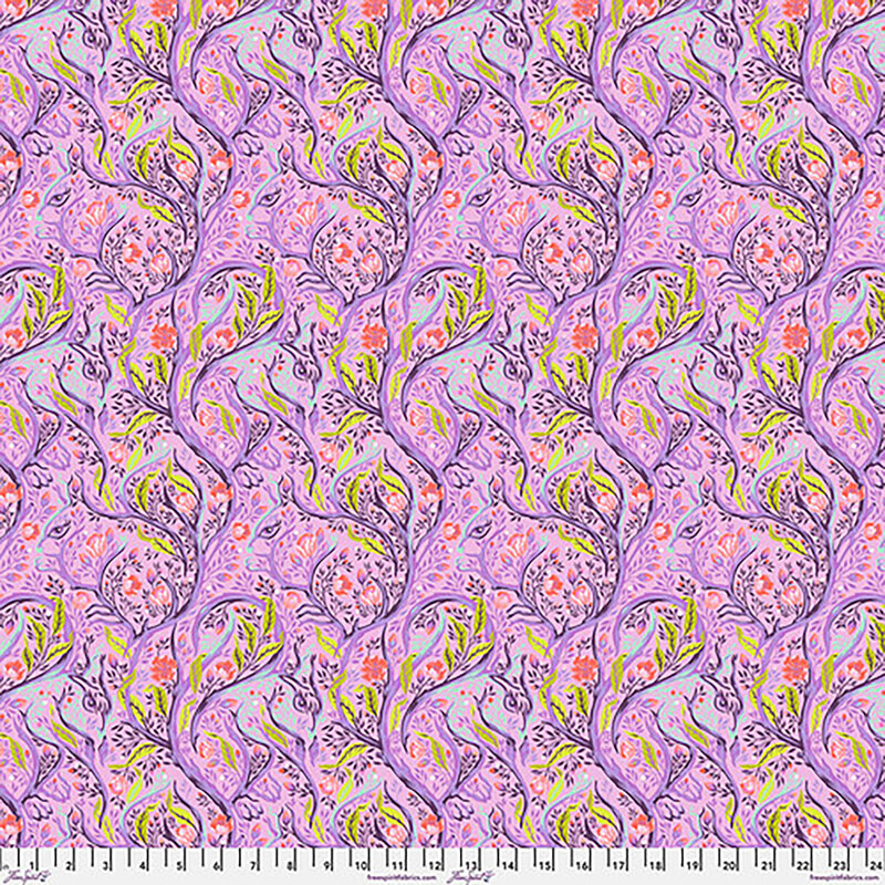 A repeating floral pattern featuring swirling vines in shades of pink, purple, and green.