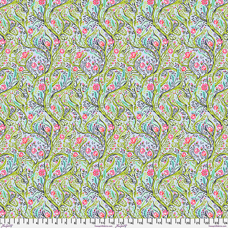 A floral pattern featuring swirling vines and colorful flowers on a light background.