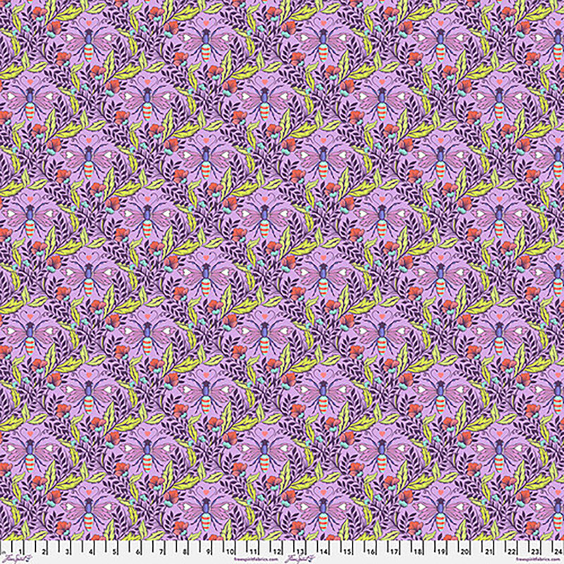 Repeating pattern of colorful flowers and birds on a purple background.