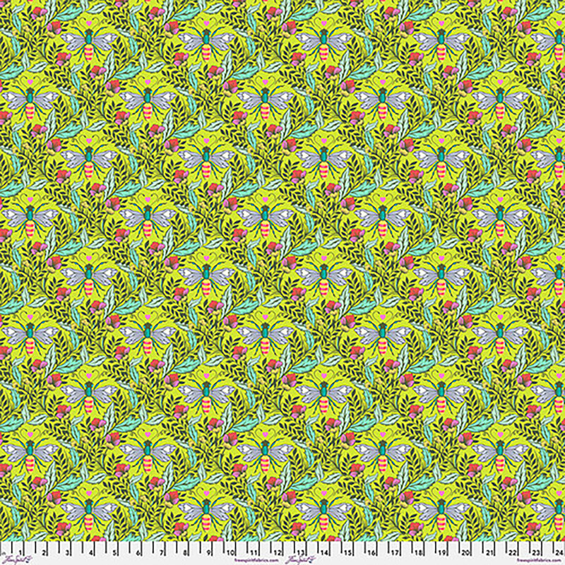 A vibrant, repeating pattern of colorful butterflies and foliage on a bright yellow background.