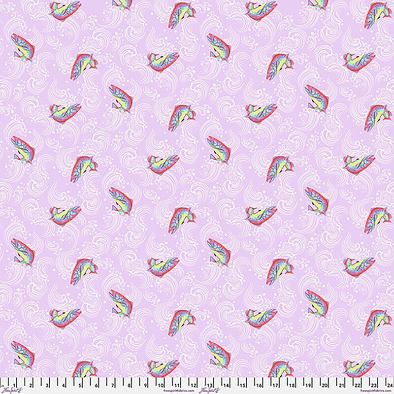 Pattern of colorful butterflies and whimsical waves on a light pink background.