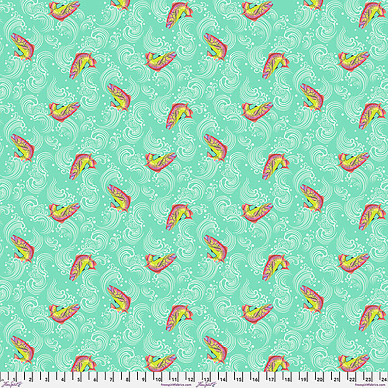 Colorful fish patterns swim among swirling waves on a teal background.