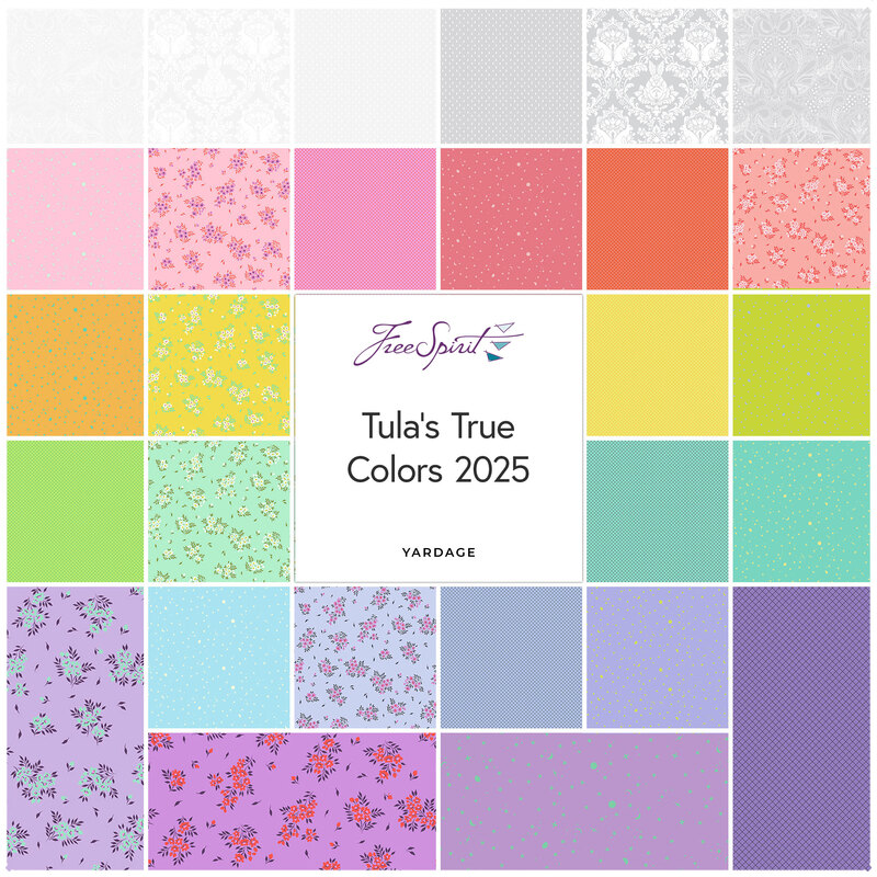 A grid of various colorful fabric patterns labeled Tula's True Colors 2025 by Free Spirit.