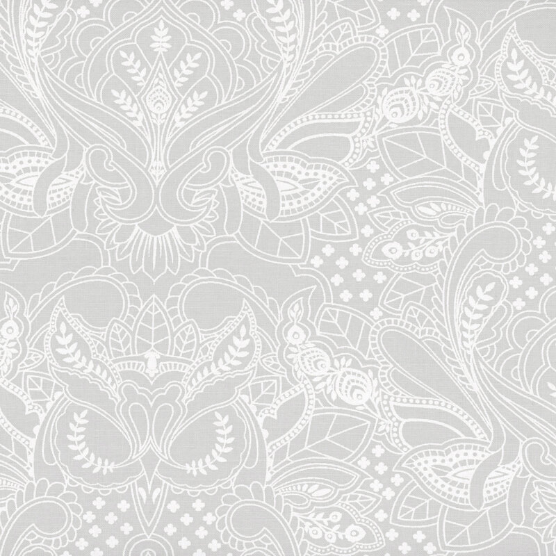 Intricate light gray damask pattern with floral and abstract motifs on a subtle textured background.