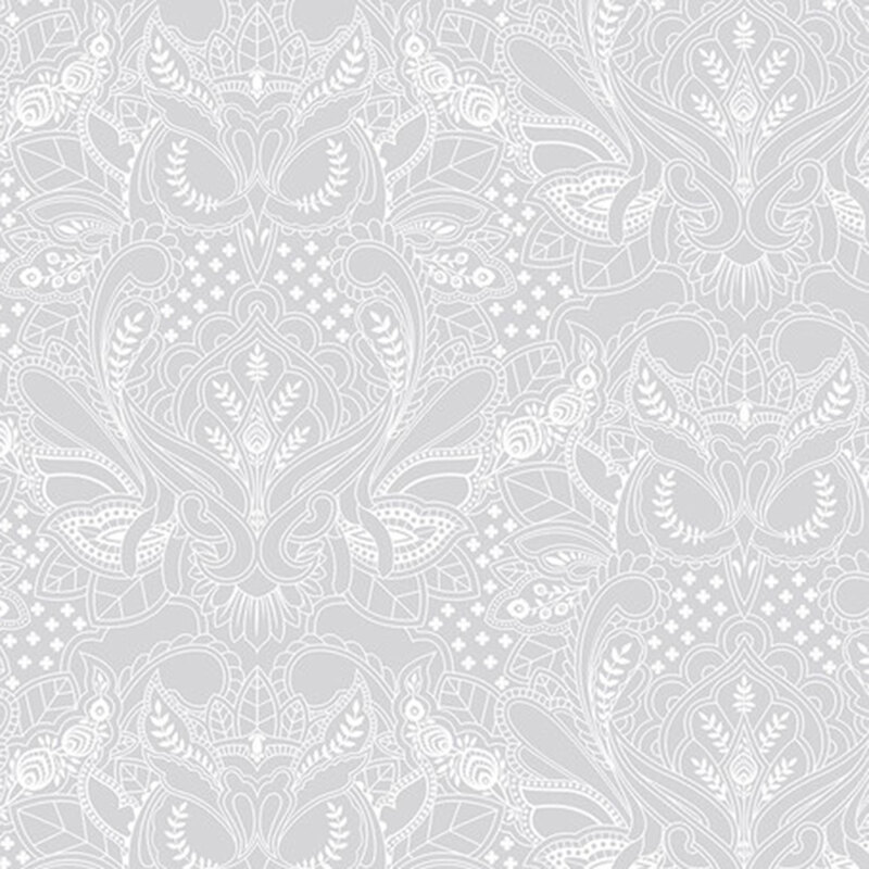 Intricate light gray damask pattern with floral and abstract motifs on a subtle textured background.