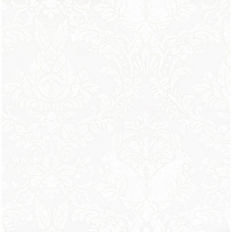 Subtle light gray damask pattern with floral and bunny motifs on a soft white background.