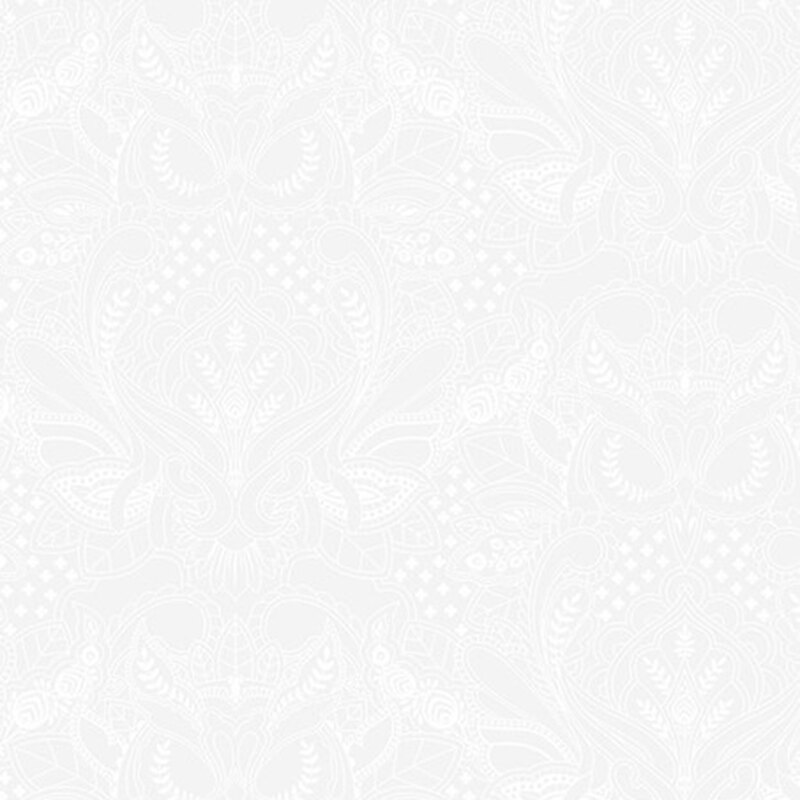 Subtle light gray damask pattern with floral and butterfly motifs on a soft white background.