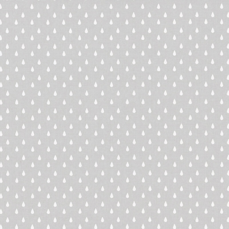 Swatch of a light gray fabric with a white raindrop pattern.