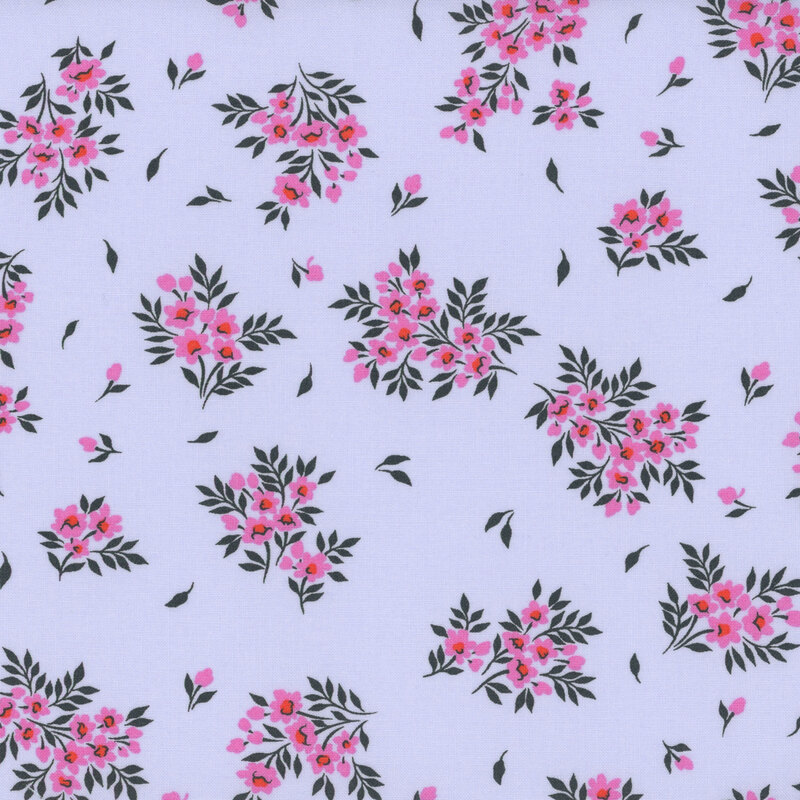 Fabric swatch of a light blue background covered with small, scattered clusters of pink flowers and green leaves.