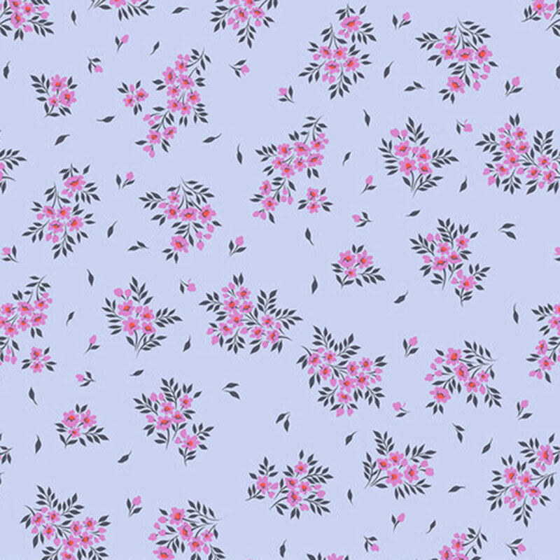 Light blue background covered with small, scattered clusters of pink flowers and green leaves.