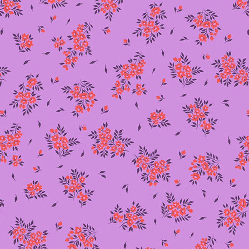 Seamless pattern of small red flowers and leaves on a light purple background.