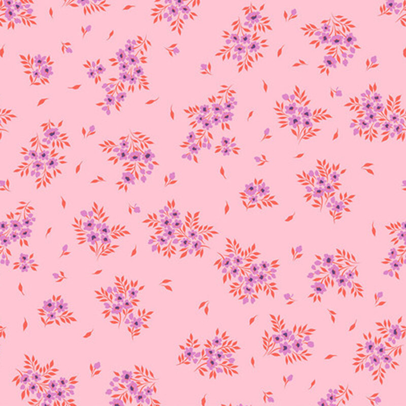 A pink background with scattered floral patterns in purple and red hues.