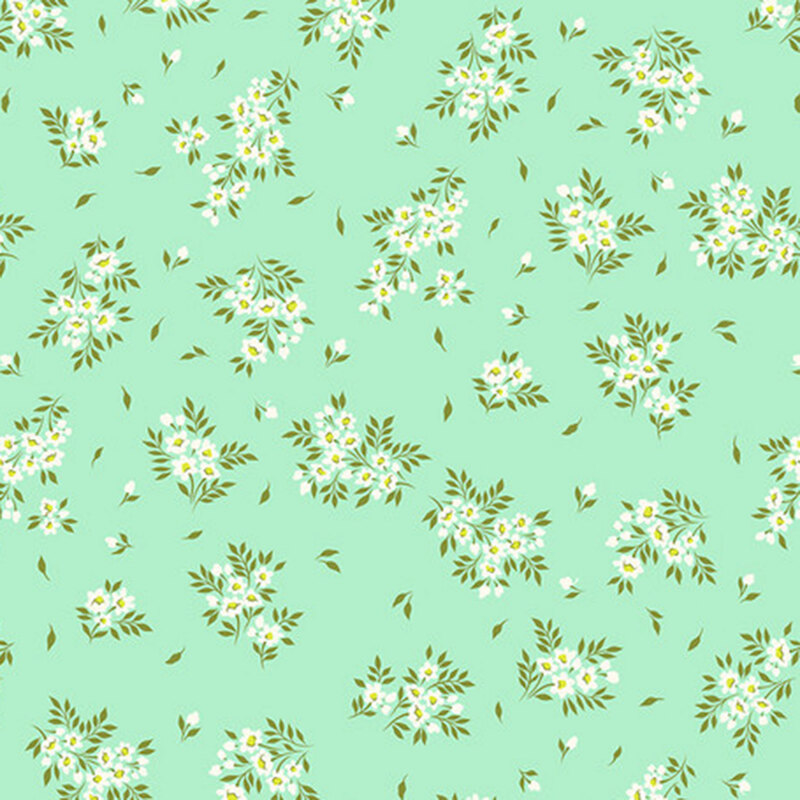 Light mint green background adorned with scattered white floral clusters and green leaves.