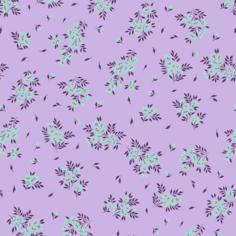 Repeating floral pattern in shades of green on a light purple background.