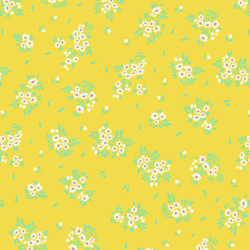 A yellow background with scattered floral patterns featuring small white and pink flowers and green leaves.