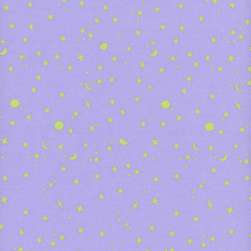 Bright periwinkle fabric swatch with tossed green stars and planets.