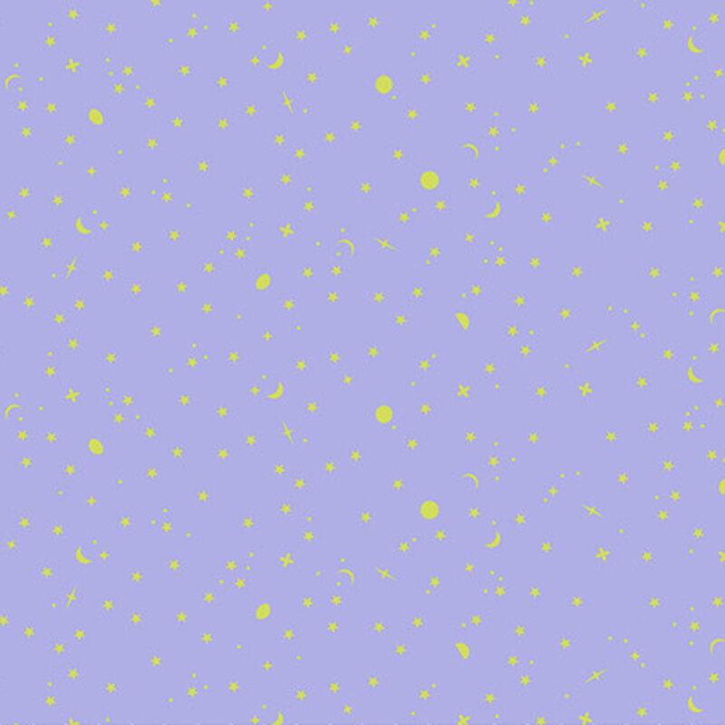 Pattern of stars, moons, and dots in yellow on a light purple background.