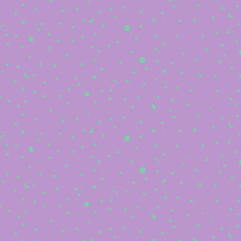 Purple background with scattered light green dots in a random pattern.