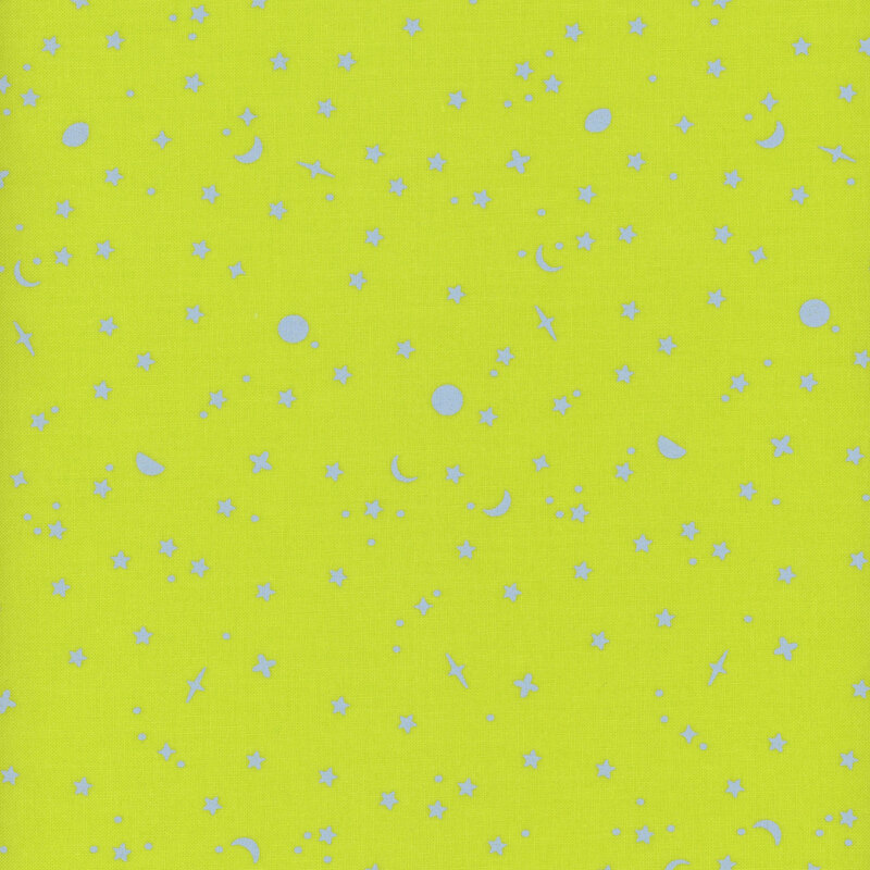 Bright lime green fabric swatch with tossed periwinkle stars and planets.