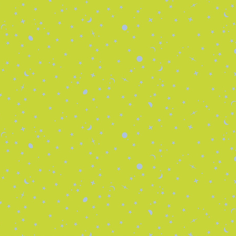 A bright lime green background scattered with small light blue stars, moons, and circles.