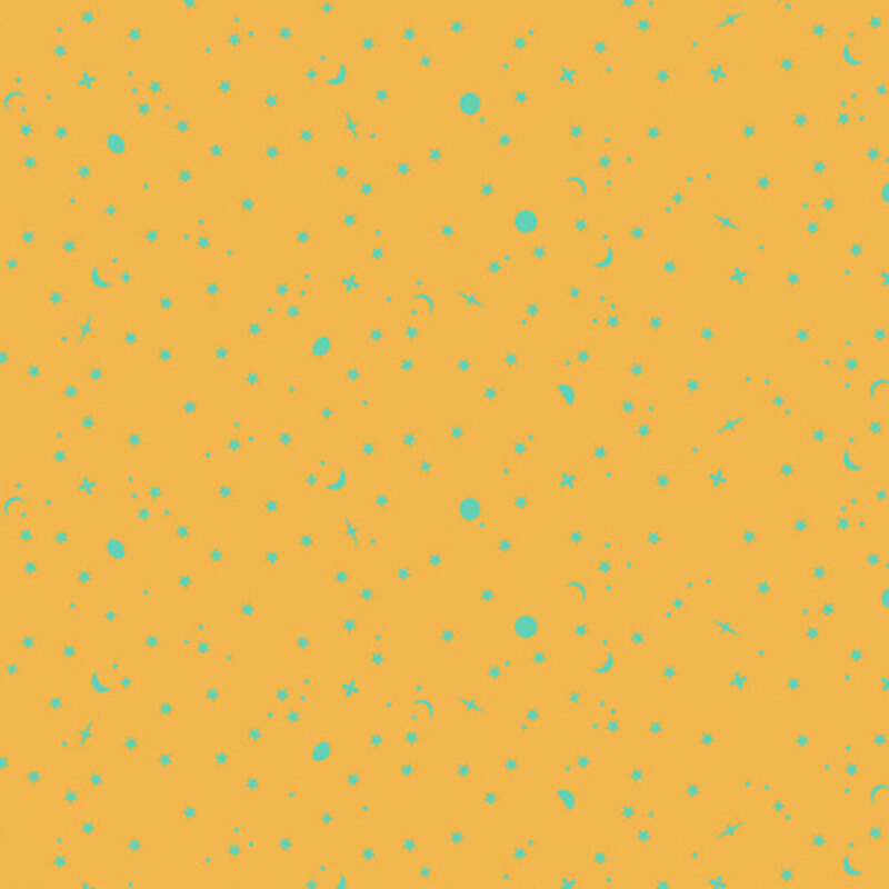 A textured yellow background with scattered blue dots and star shapes.