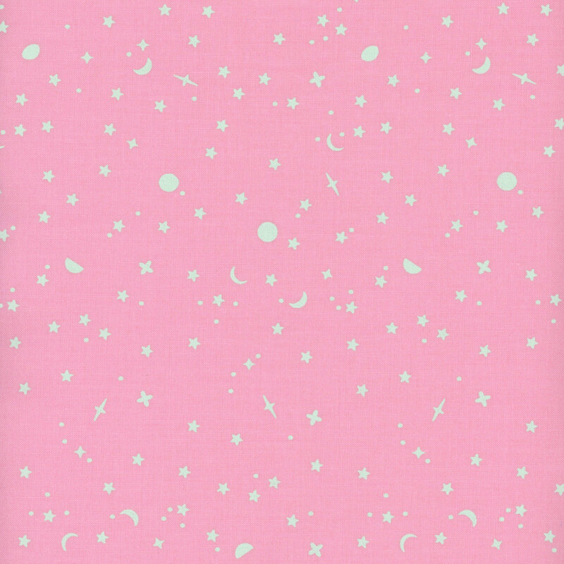 Bright pink fabric swatch with tossed mint green stars and planets.