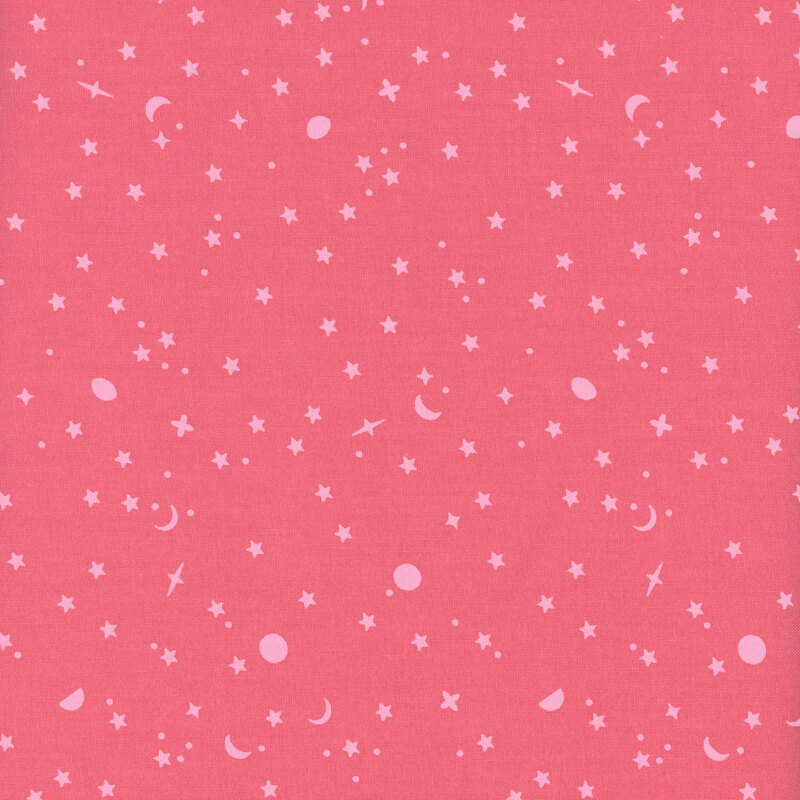 Bright pink fabric swatch with tossed tonal stars and planets.