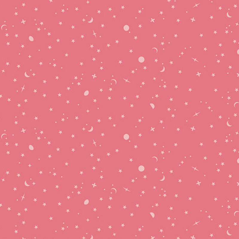 Pink fabric featuring scattered white stars, moons, and planets.