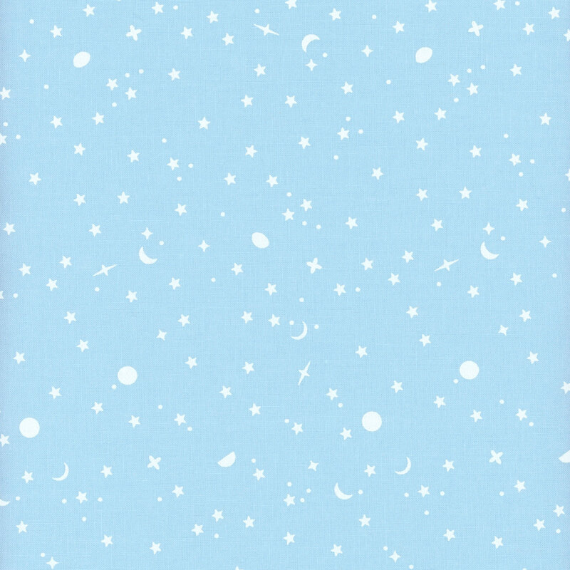 Light sky blue fabric swatch with tossed white stars and planets.