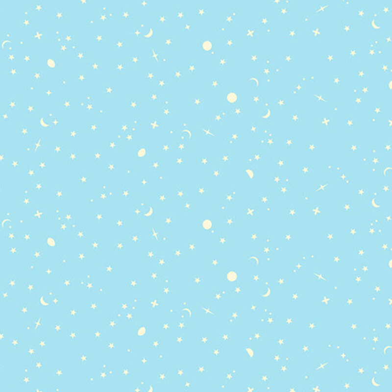 Light yellow stars, moons, and planets scattered across a soft blue fabric.