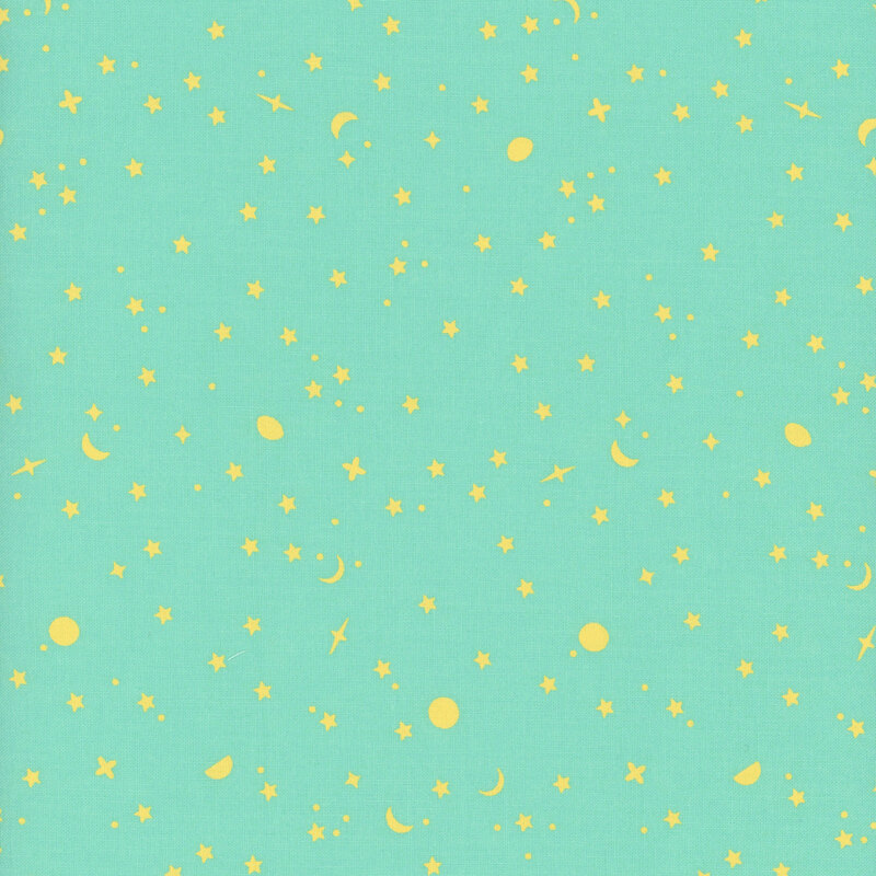 Bright aqua fabric swatch with tossed yellow stars and planets.