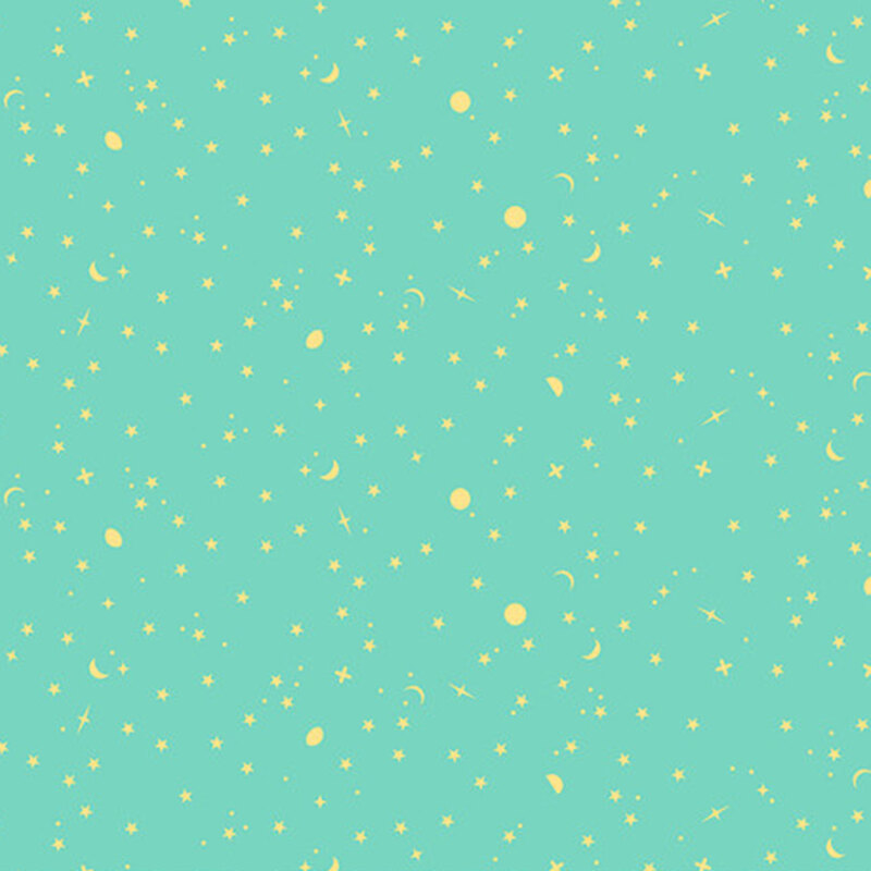 Pattern of yellow stars, moons, and dots on a turquoise fabric.