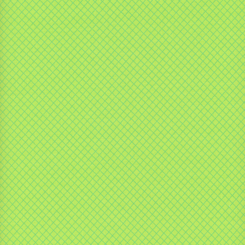 Bright green fabric swatch with a tonal green lattice pattern.