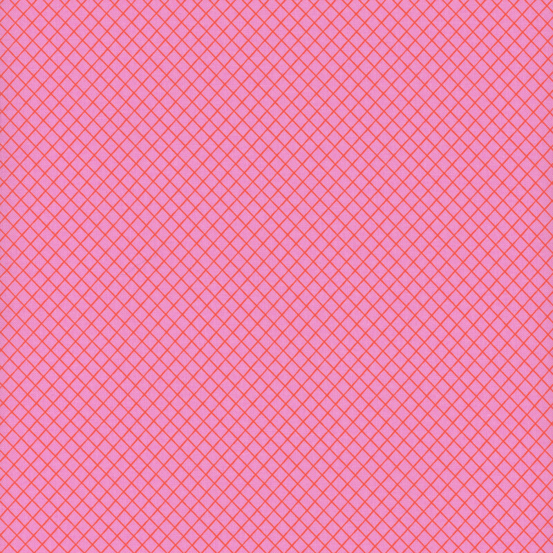 Bright pink fabric swatch with an orange lattice pattern.