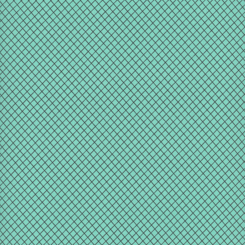 Bright teal fabric swatch with a gray lattice pattern.