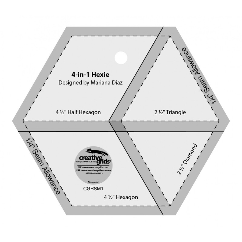 Black and gray hexagonal quilting ruler with measurement markings, designed by Creative Grids.