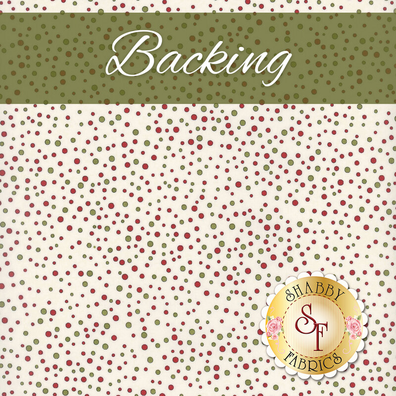 A swatch of cream fabric with scattered red and green dots. An olive green banner at the top reads 