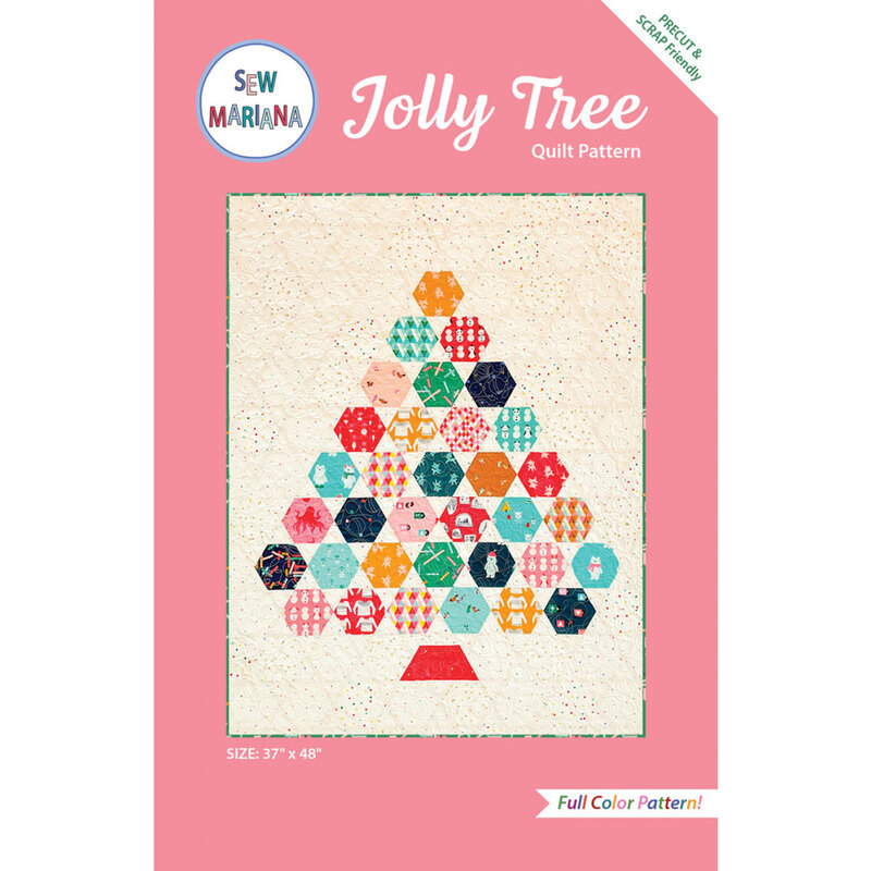 Cover of the Jolly Tree quilt pattern featuring a colorful hexagon tree design on a light background.