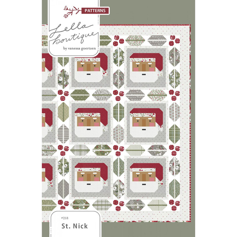 Quilt pattern cover featuring jolly Santa faces surrounded by festive greenery and geometric shapes.