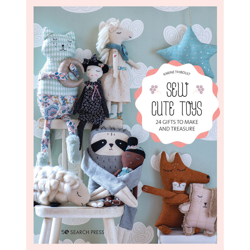 Book cover featuring handmade toys, including animals and dolls, with a decorative background.