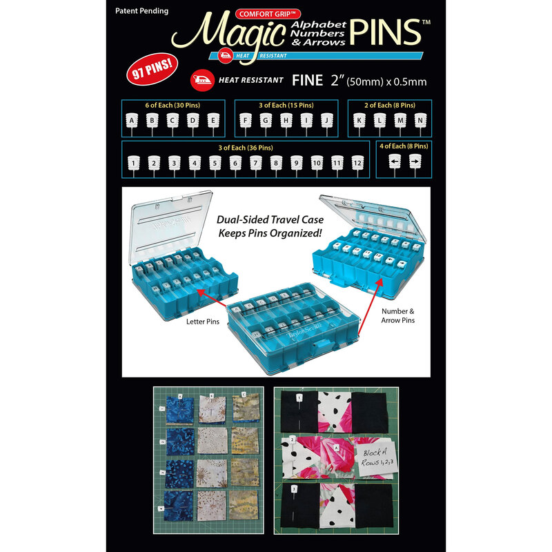 A package of 97 Magic Alphabet, Numbers & Arrows Pins, labeled as heat resistant and fine.